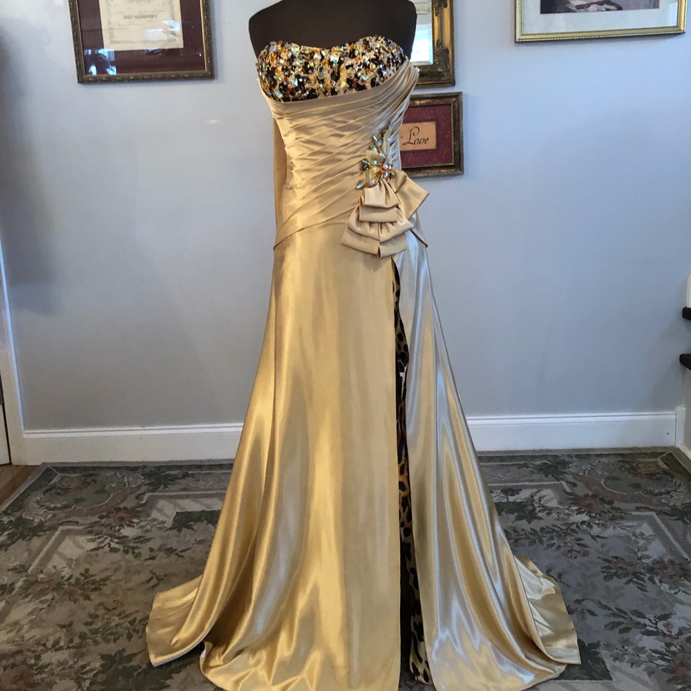 Gold Charmeuse/ leopard print gown